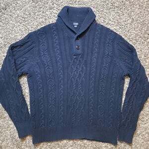 J.Crew Mens Sweater L Blue Cable Knit Wool Shawl Collar Pullover Button 55660